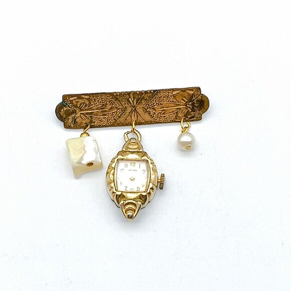 Antique Etched Bar Brooch with Dangling Charms, Gold Tone with Faux Pearl Drop - Picture 3 of 4